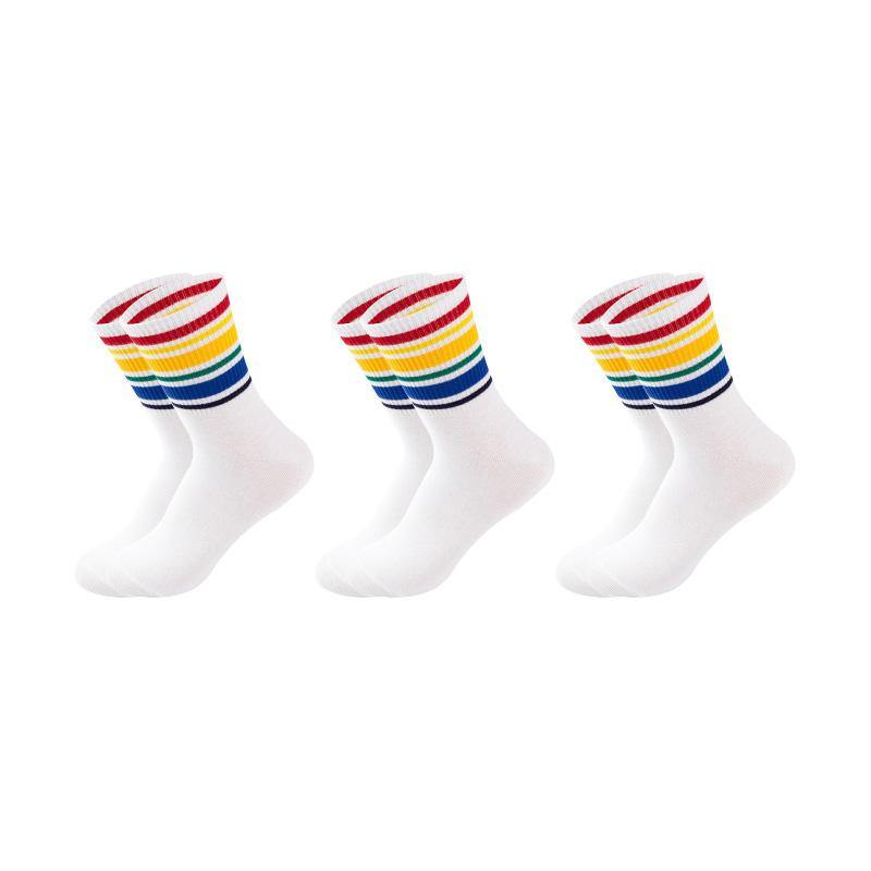 Women's Cotton Rainbow Happy Socks Black White Stripe Socks 3 Pairs Fashion Colorful Casual Short Socks - CHALIER