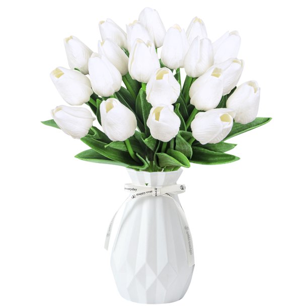 20 Pcs Artificial Flowers Fake Tulip Flowers for Office Decor Home Garden Wedding White
