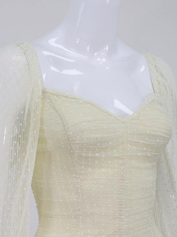 Women's Sexy Sheath Dress Cute Chiffon Polka Dots Net Long Sleeve Mini Beige Dresses - CHALIER