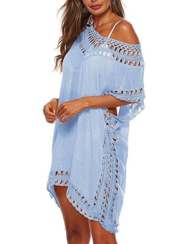 Women's Sexy V-Neck Swimsuit Blouse Beach Dress Crochet Bikini Mini Dress - CHALIER