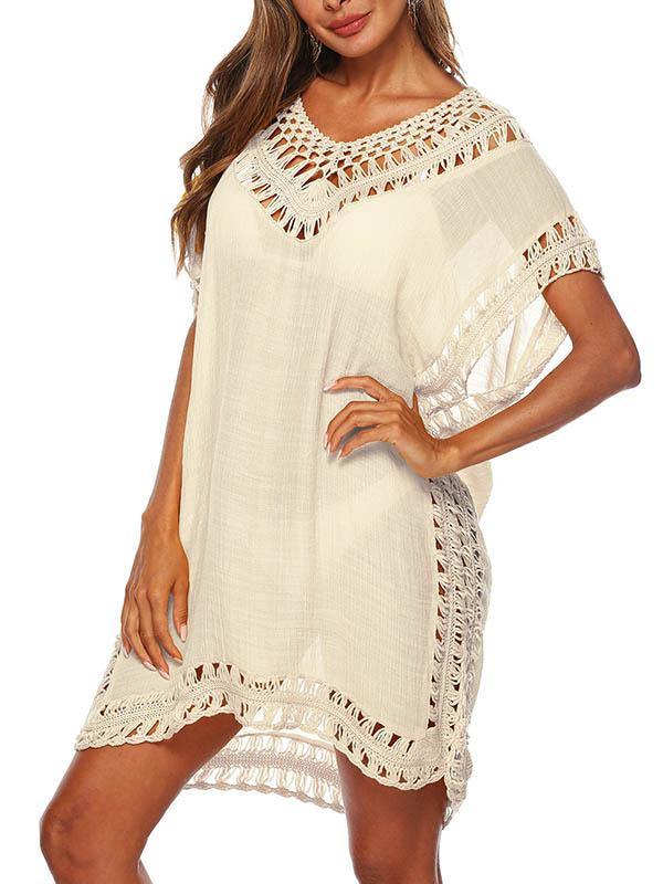 Women's Sexy V-Neck Swimsuit Blouse Beach Dress Crochet Bikini Mini Dress - CHALIER