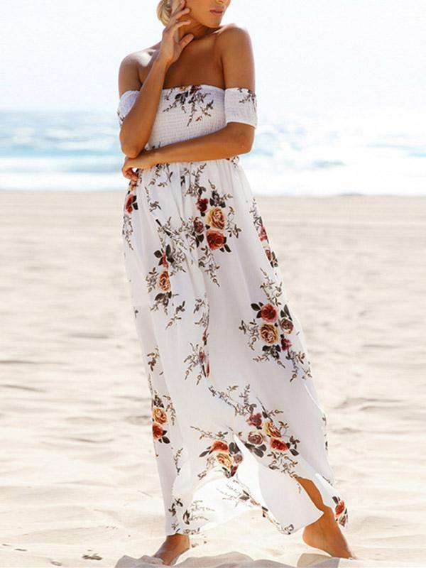 Women's Floral Printed Maxi Beach Dress Long Bohemian Split Tee Dress Plus Size - CHALIER
