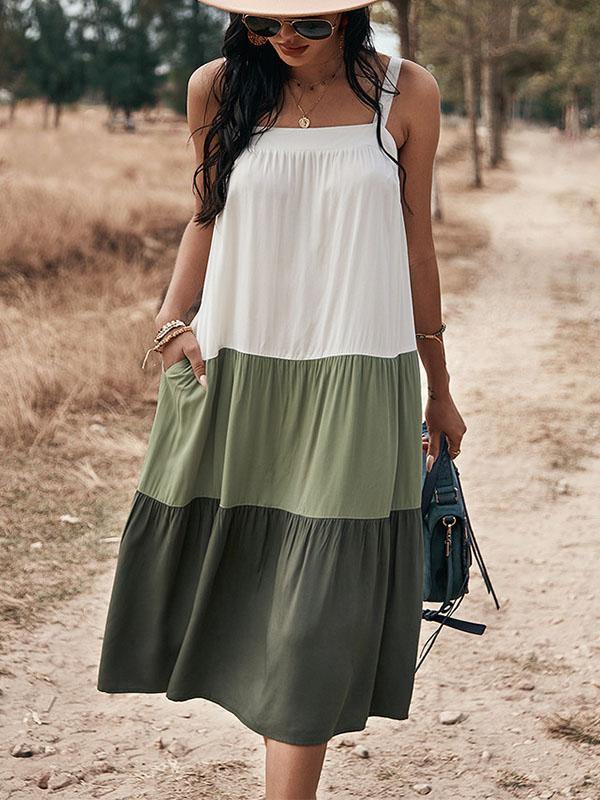 Women's Cotton Loose Halter Midi Sleeveless Dress ColorBlock Holiday with Big Swing - CHALIER