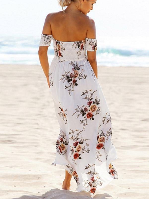 Women's Floral Printed Maxi Beach Dress Long Bohemian Split Tee Dress Plus Size - CHALIER