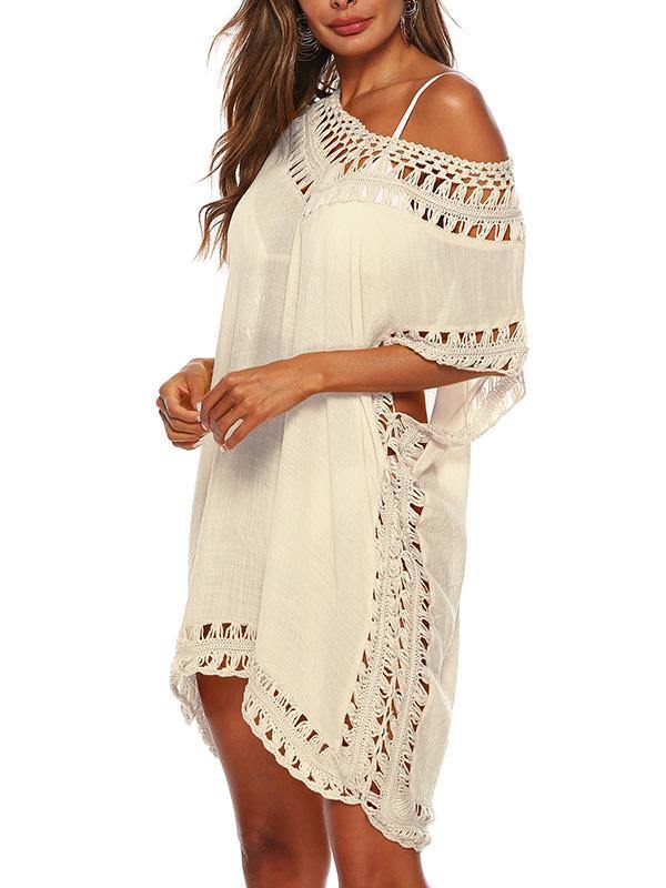 Women's Sexy V-Neck Swimsuit Blouse Beach Dress Crochet Bikini Mini Dress - CHALIER