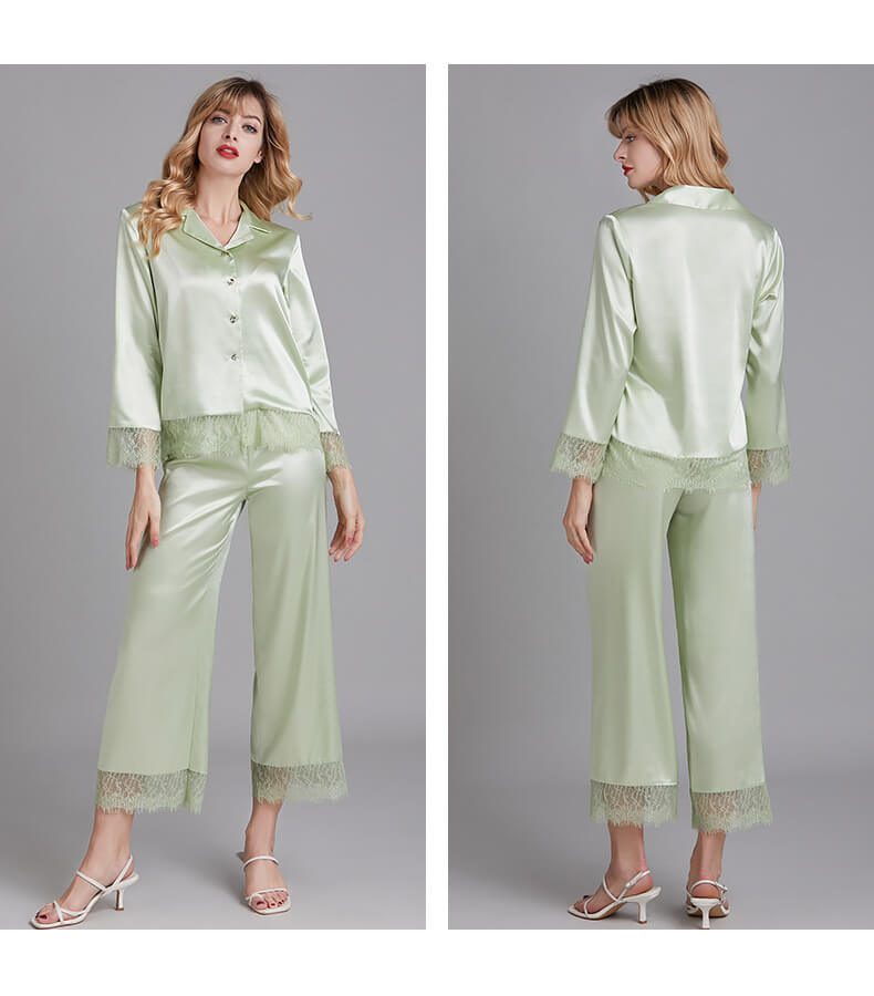 Satin Pajamas Set 2 Piece Women's V-Neck Sleepwear Set with Lace Trim Pj Set Loungewear