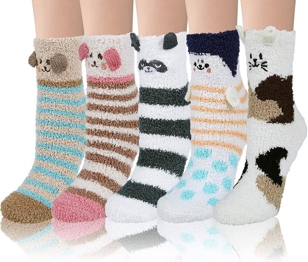 Womens Winter Soft Slipper Cozy Fluffy Socks Fuzzy Cute Animals Socks Gifts 5 Pairs - CHALIER