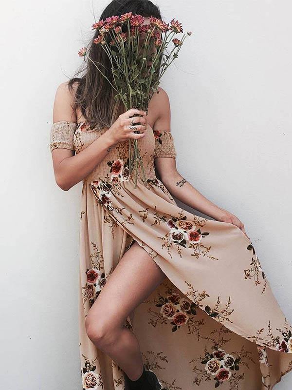 Women's Floral Printed Maxi Beach Dress Long Bohemian Split Tee Dress Plus Size - CHALIER