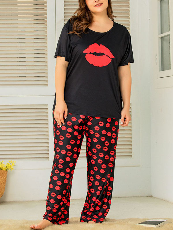 Women's Plus Size Loungewear Cute Red Lips Pajamas Short Sleeve Pants