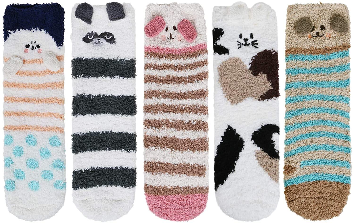 Womens Winter Soft Slipper Cozy Fluffy Socks Fuzzy Cute Animals Socks Gifts 5 Pairs - CHALIER