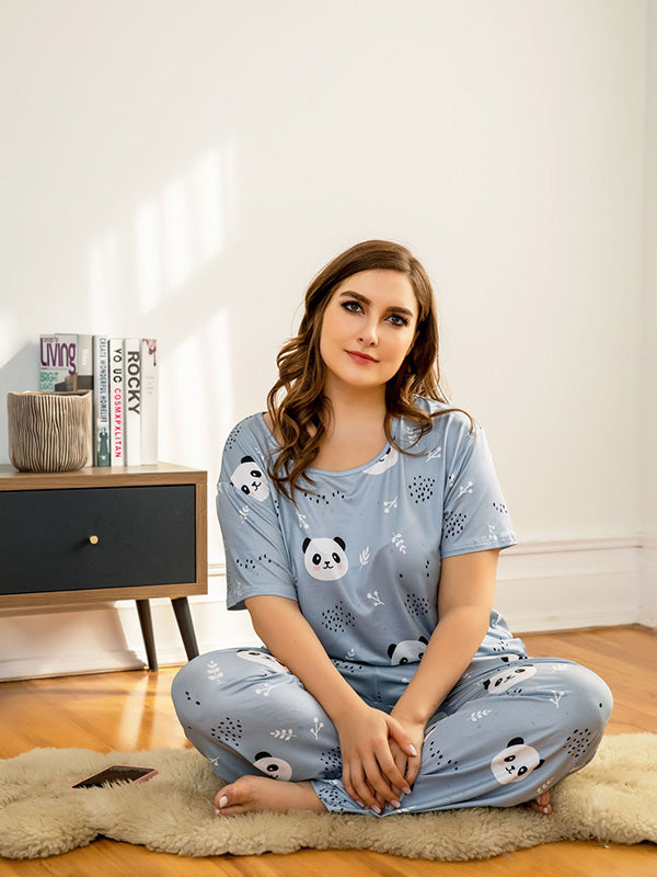 Women's Casual Plus Size Pajamas Cute Animals Lingerie Two-Piece Set Blue Pandas