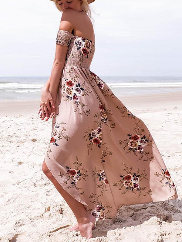 Women's Floral Printed Maxi Beach Dress Long Bohemian Split Tee Dress Plus Size - CHALIER