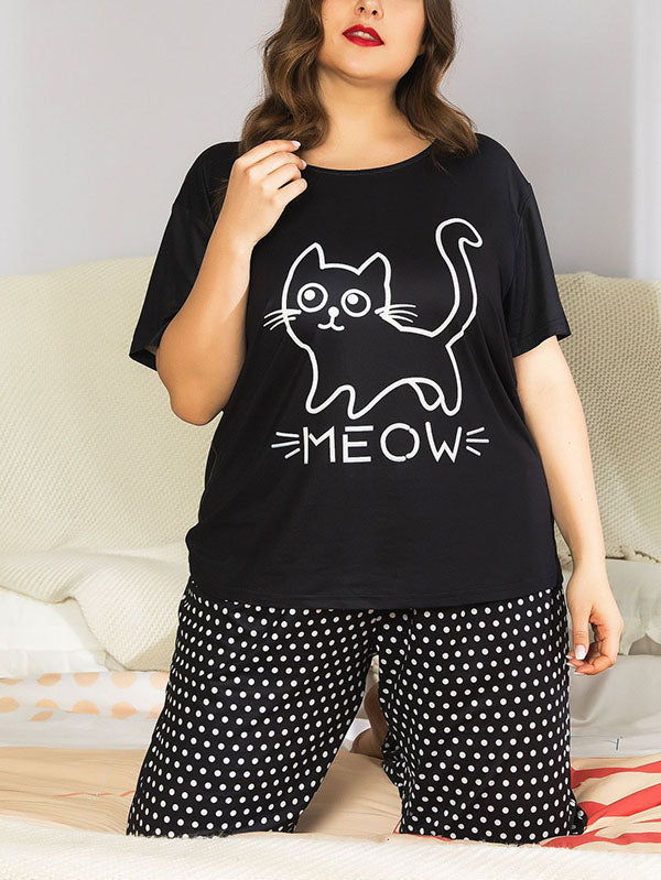 Women's Plus Size Cartoon Loungewear Cute Animals Black Pajamas Short Sleeve