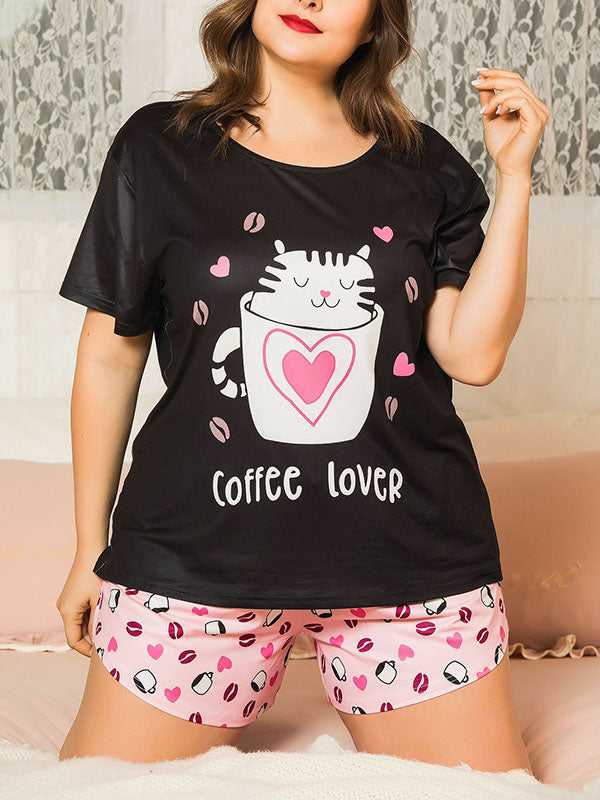 Women's Cartoon Loungewear Plus Size Cute Cat Pajamas Short Sleeve