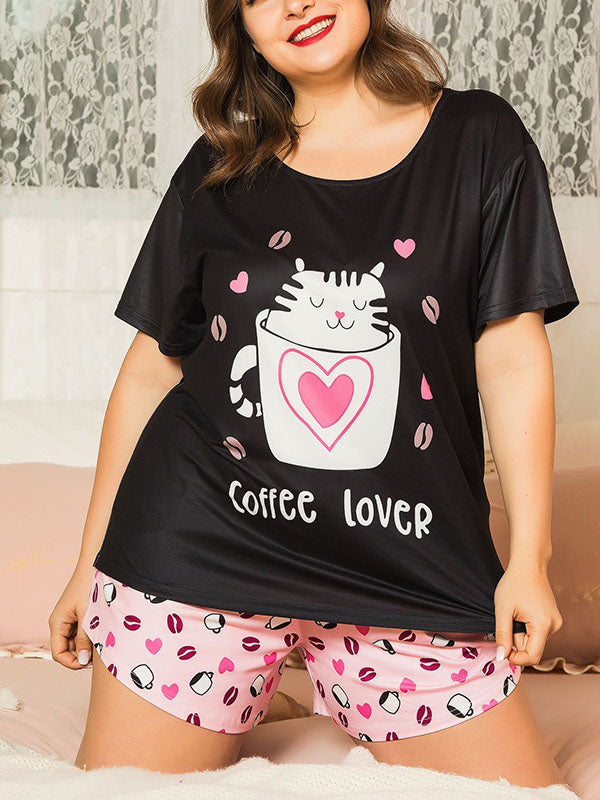 Women's Cartoon Loungewear Plus Size Cute Cat Pajamas Short Sleeve