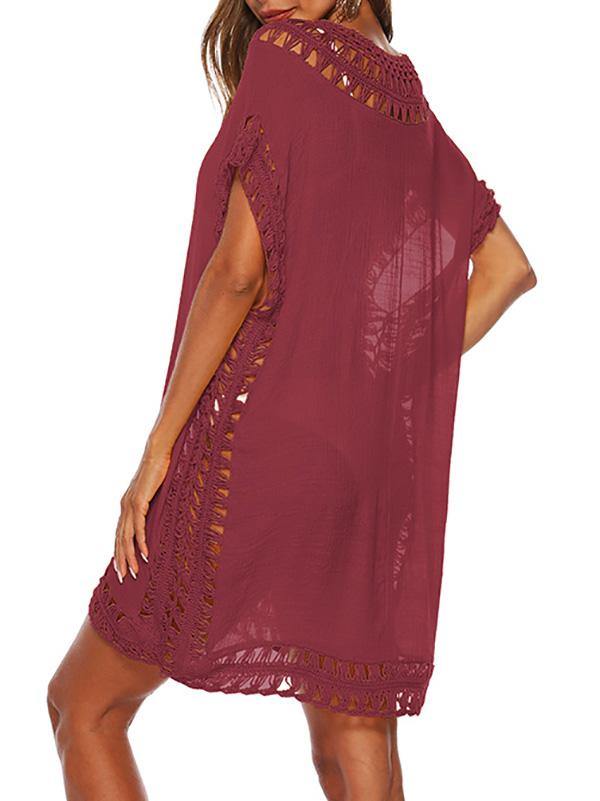 Women's Sexy V-Neck Swimsuit Blouse Beach Dress Crochet Bikini Mini Dress - CHALIER