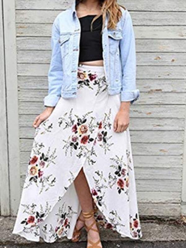 Womens Summer Beach Wrap Cover Up Boho Floral Tie Up Waist  Maxi Skirt - CHALIER