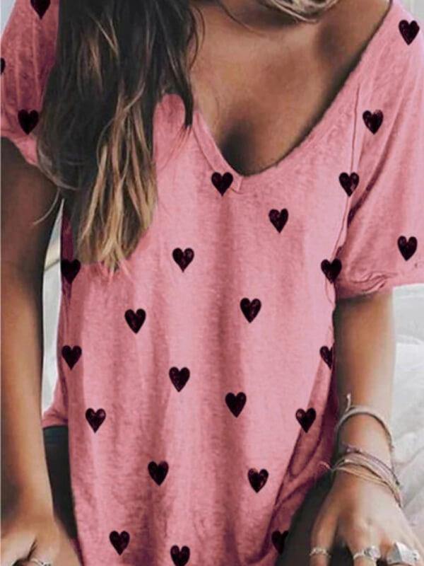 Women Casual V Neck Cotton-Blend Printed T-Shirt - CHALIER