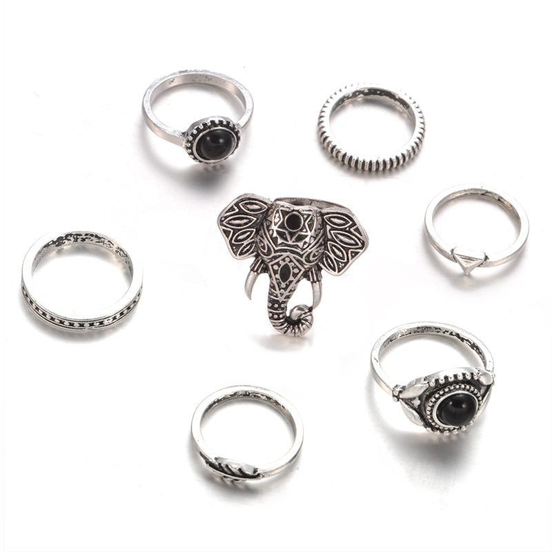 Female Design Hot Bohemia Rings Silver Elephant Jewelry Set