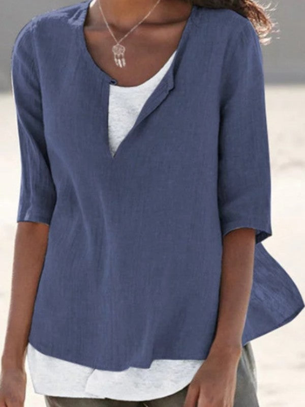 Women V Neck Cotton Linen Solid Casual Blouse