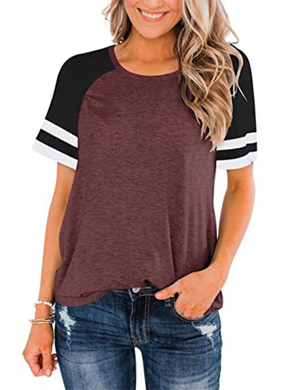 Women Stitch Striped Crew Neck Loose T-Shirt