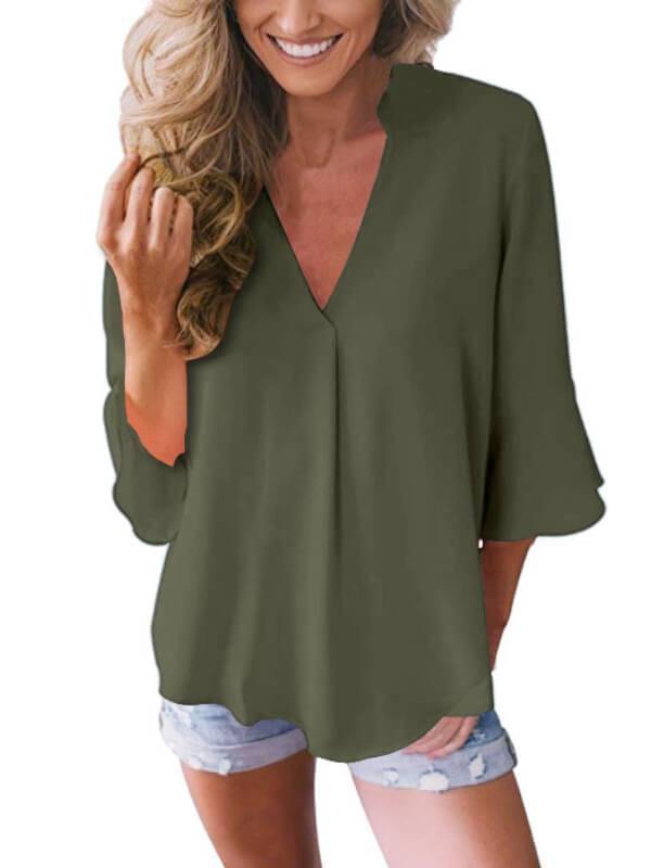 Women 3/4 Sleeve Solid Blouse V Neck Top - CHALIER