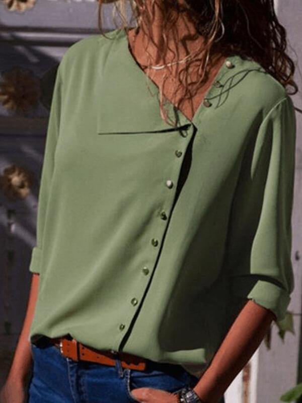 Women Long Sleeve Casual Solid Buttoned Blouse - CHALIER