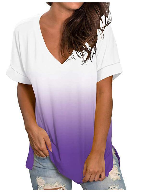 Women Tie Dye Gradient V Neck Short Sleeve T-Shirt - CHALIER
