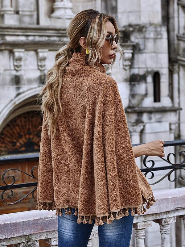 High Necked Fringe Hem Cape Long Sleeved Coat - CHALIER