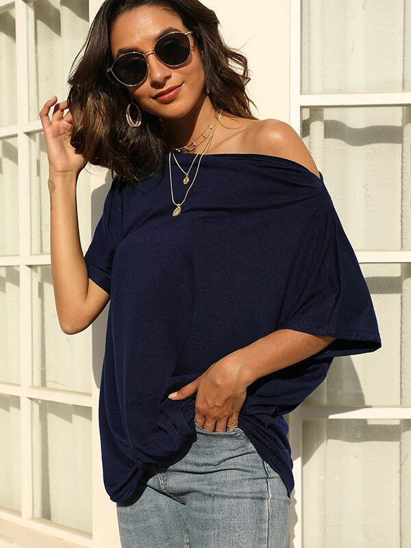 Off The Shoulder Loose Top Short Sleeve Casual T-Shirt - CHALIER