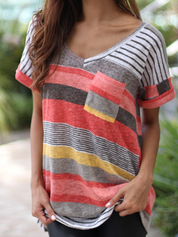 Women V Neck Striped Short Sleeve T-Shirt