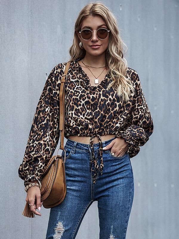 Ladies Leopard printed Tie Front Crop Top - CHALIER