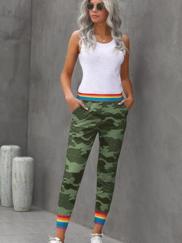 Chalier Rainbow Stripe Green Camo Casual Pants - CHALIER