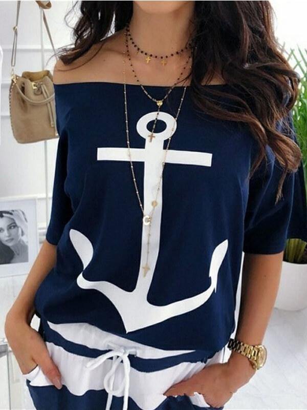 Off The Shoulder Anchor Printed Half Sleeve T-Shirt - CHALIER