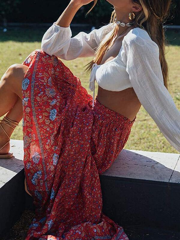 Women Elastic Waist Bohemian Floral Printed  A Line Maxi Skirt - CHALIER