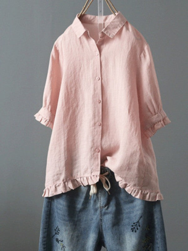 Women Casual Single Breasted Ruffle Blouse