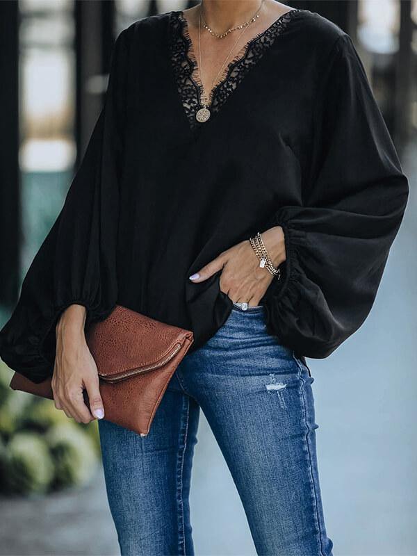 Ladies V Neck Lace Lantern Sleeve Top&Shirt - CHALIER