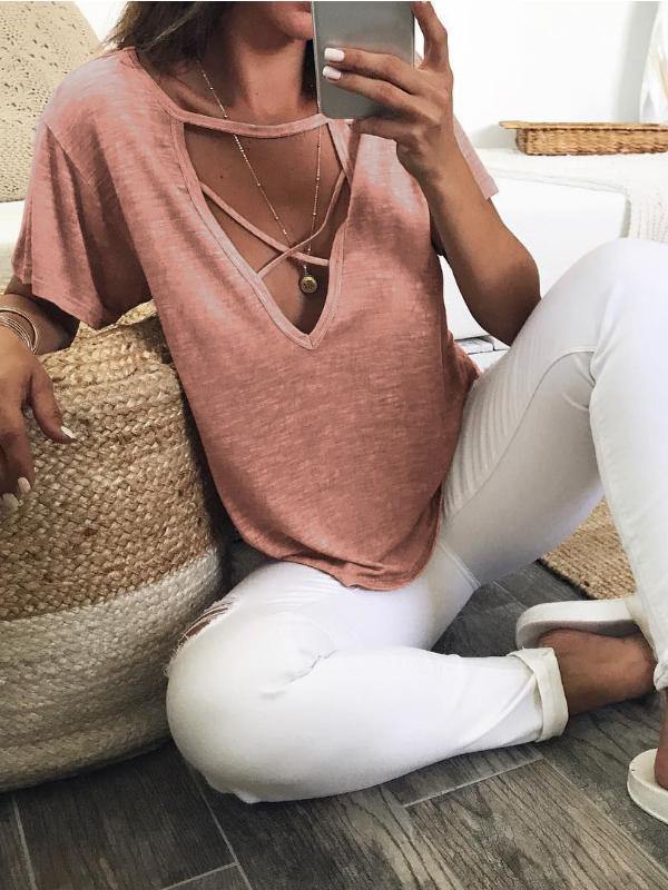 V Neck Short Sleeve Casual Solid Top&T-Shirt - CHALIER