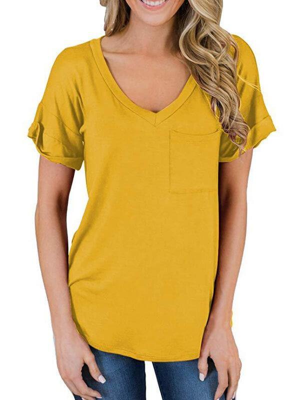 Women Cotton Solid V Neck Short Sleeve T-Shirt - CHALIER