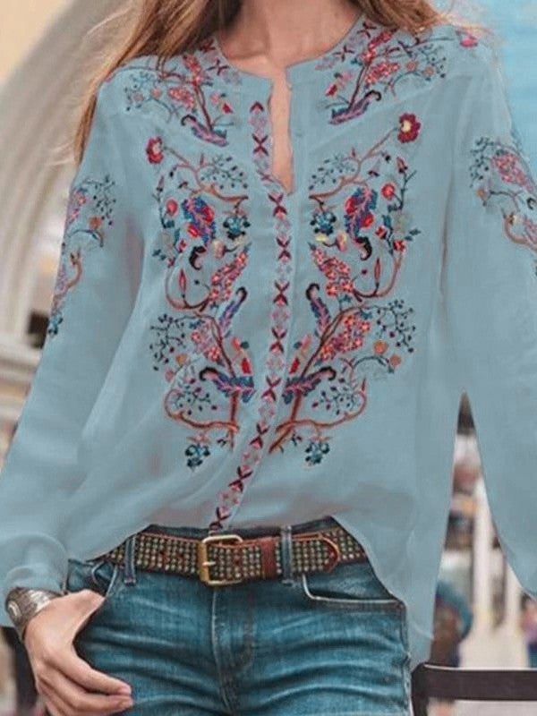 Women Floral Printed Loose Long Sleeve Blouse