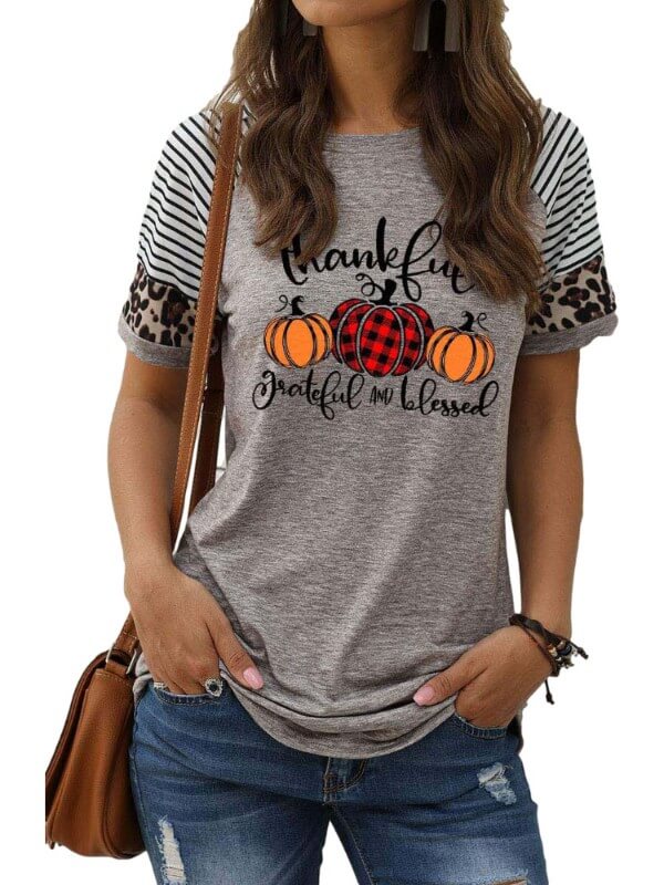 Women Pumpkin Printed Sripes Short Sleeve T-Shirt