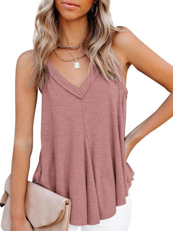 V Neck Spaghetti Strap Solid Cami Top - CHALIER