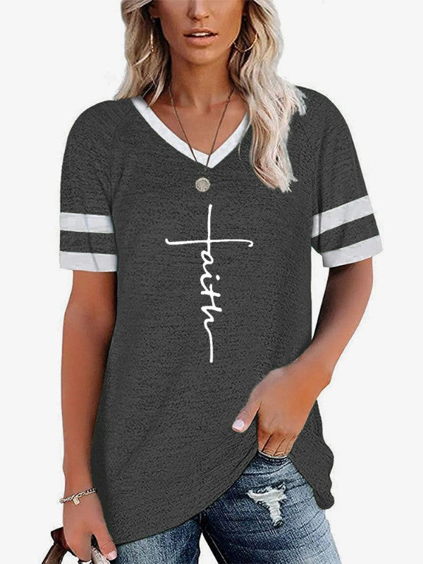 Women Letter Printed V Neck Short Sleeve T-Shirt