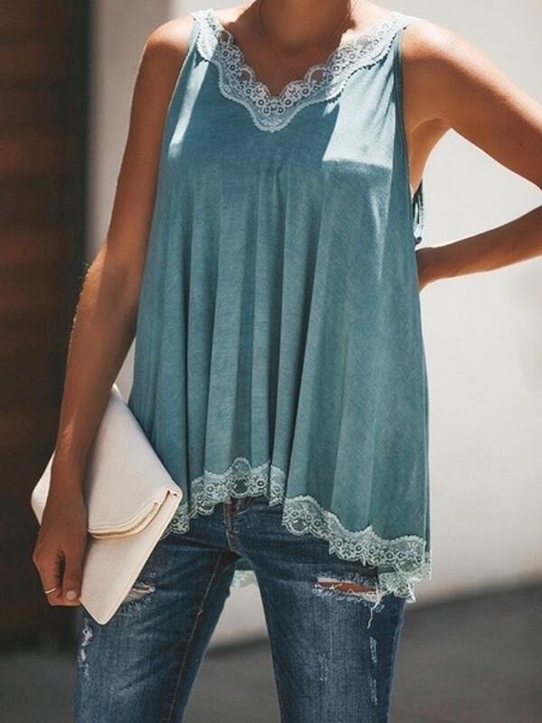 Women's V Neck Paneled Spaghetti Stap Solid Lace Crochet Cami Top - CHALIER