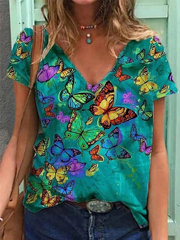 Women Butterfly Printed V Neck Summer T-Shirt