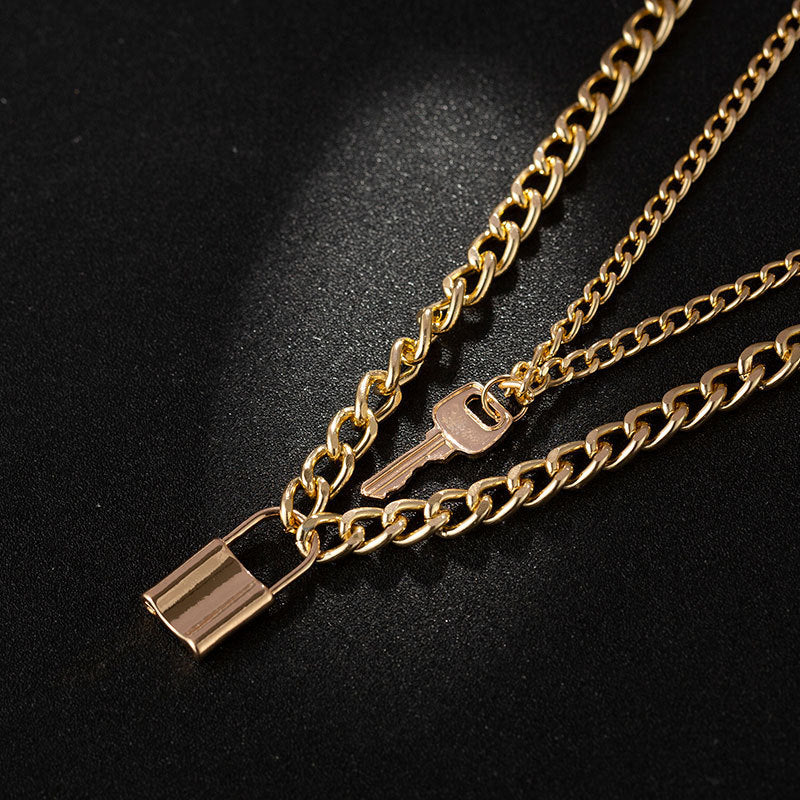 Female Layered Necklaces Women Gold Fashionable Lock and Key Choker
