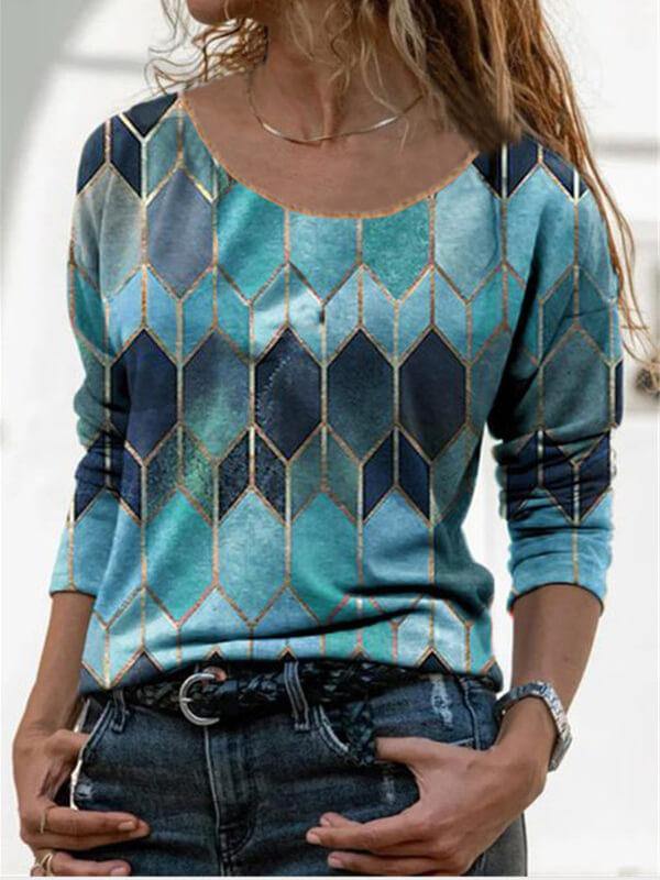 Women's Long Sleeve Round Neck Retro Printed Casual T-shirt - CHALIER