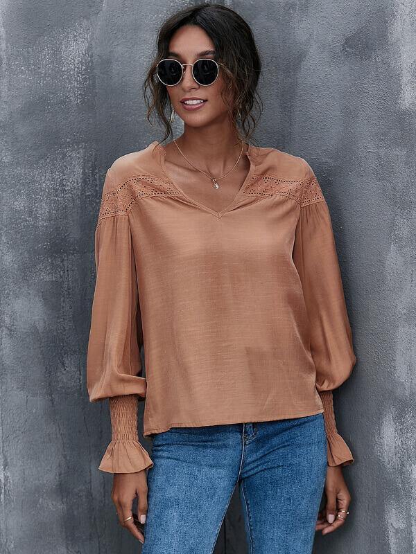 Women Lantern Sleeve V Neck Loose Casual Top&Shirt - CHALIER