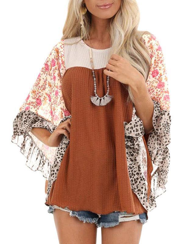 Batwing Sleeve Print Color Block Top - CHALIER