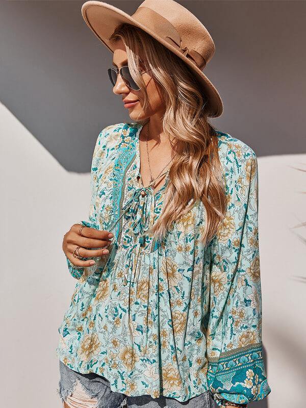 Women's V Neck Floral Printed Shirt&Top - CHALIER